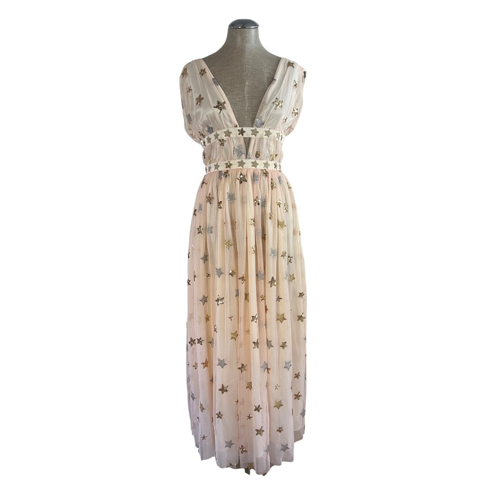 Pink Tulle Sequin Star Maxi Dress Deep V-Neck Celestial Formal Gown NWT Size M